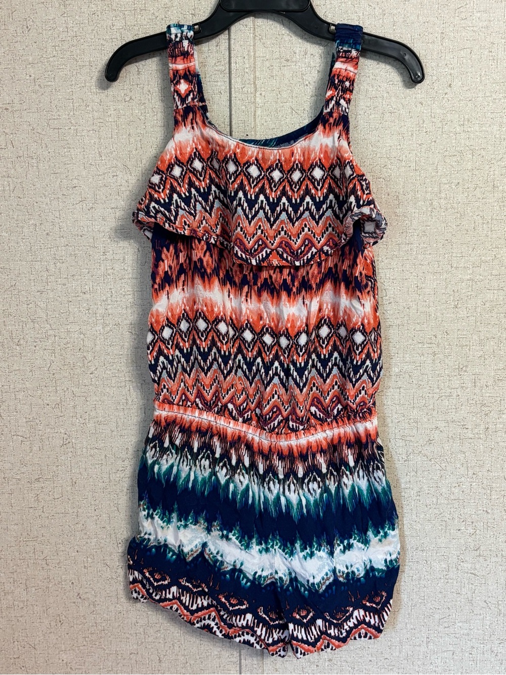 Xhilaration Orange, Navy & Teal Chevron Ruffle romper girls 5